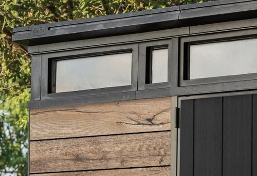 Keter Signature pine shed in garden