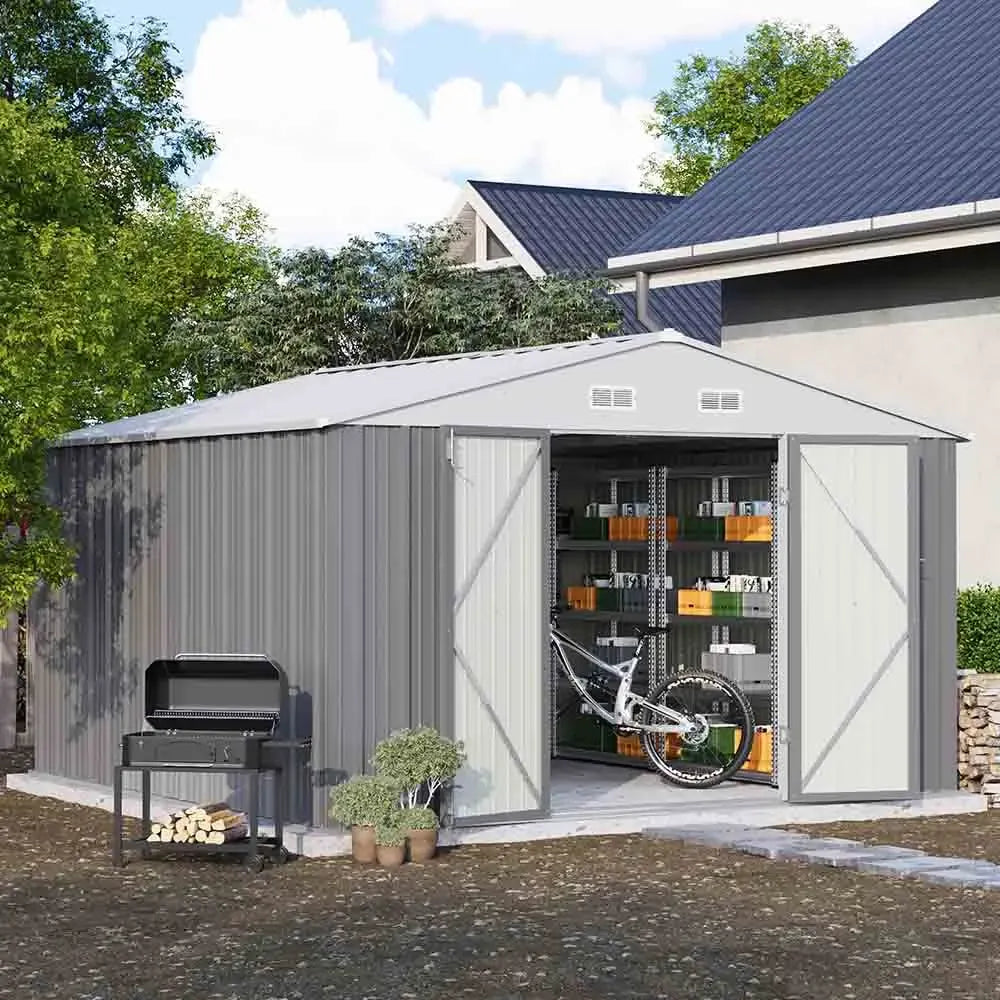 Patiowell 10x10 metal shed in a garden