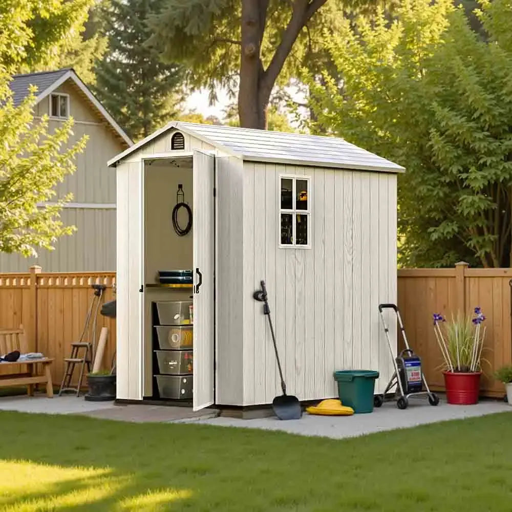 Patiowell 4x6 bike store in a garden