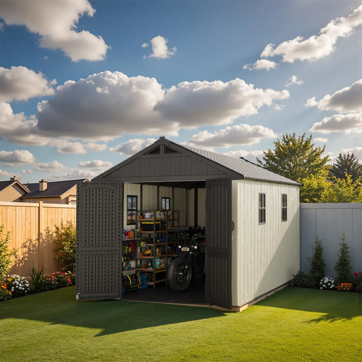Patiowell 8x12 shed storing vehicles