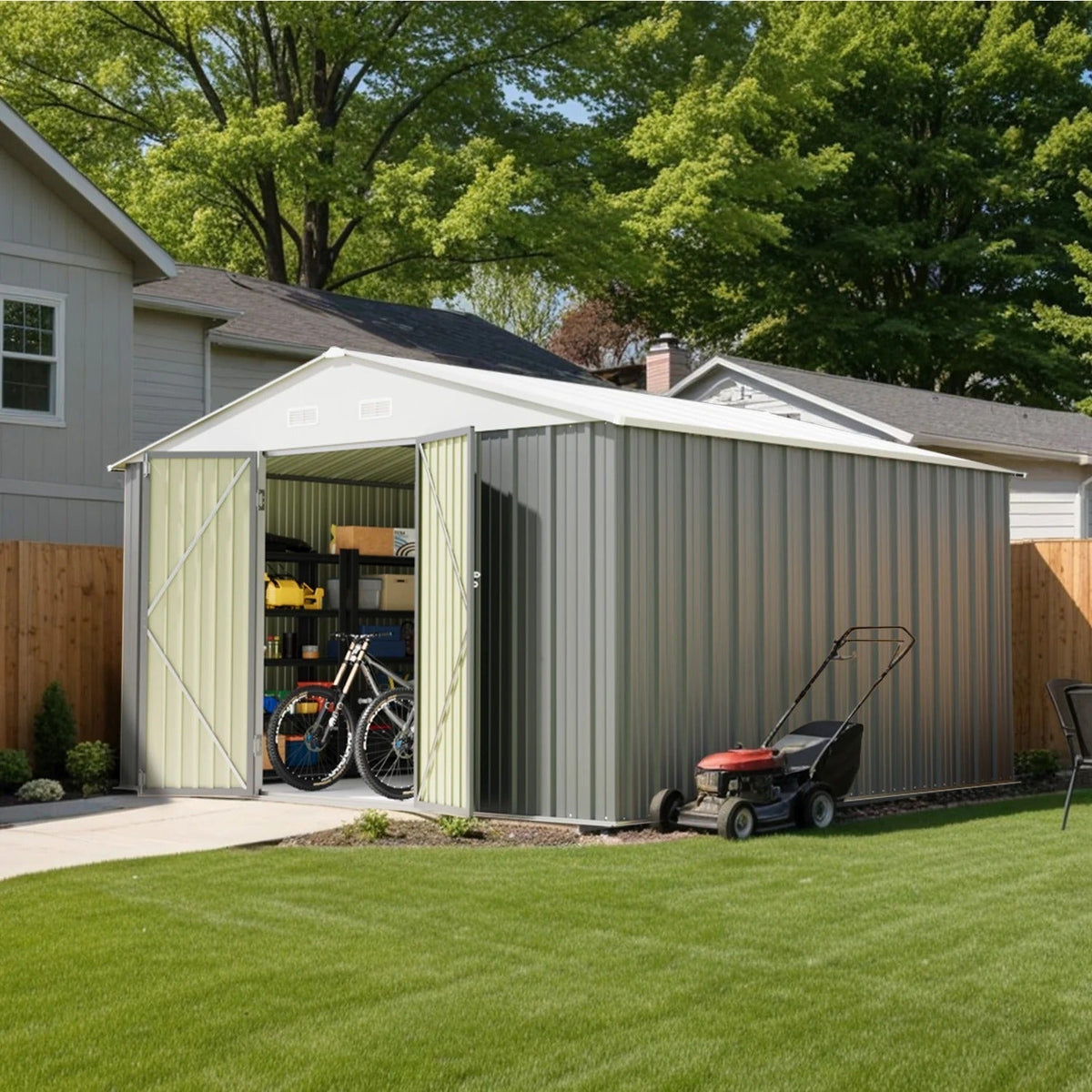 Patiowell 12x12 metal shed in a garden