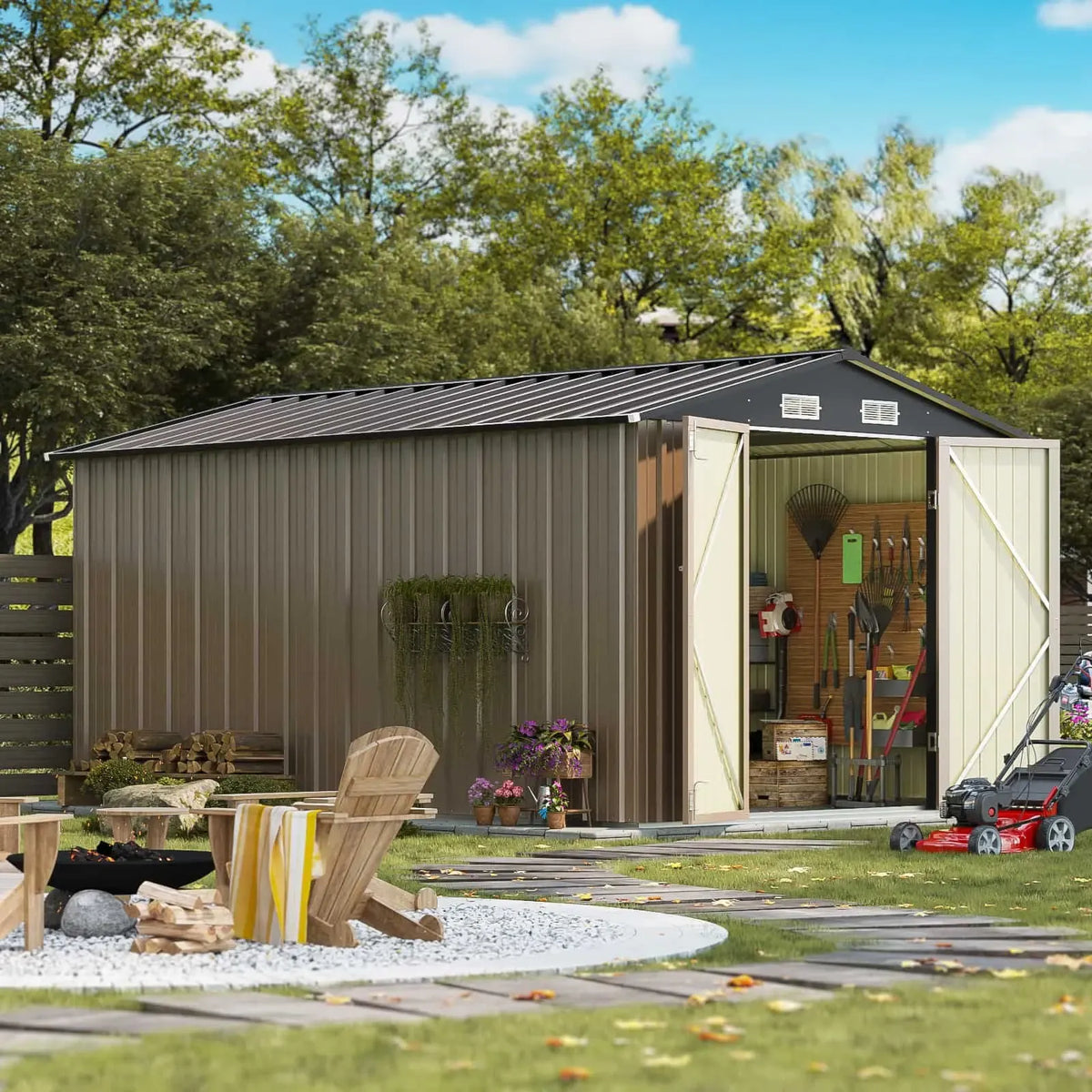 Patiowell 8x12 metal shed in a garden