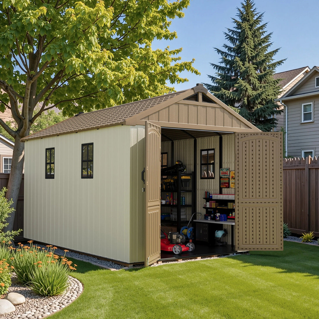 Patiowell 8x12 khaki shed doors open
