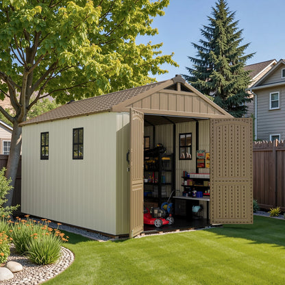 Patiowell 8x12 khaki shed doors open