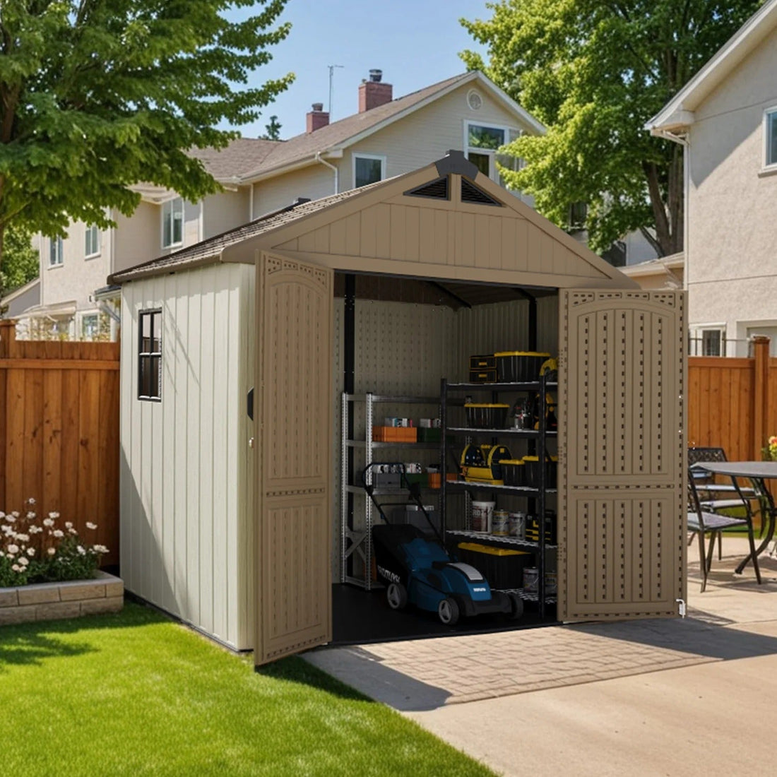 Patiowell 8x6 khaki shed doors open