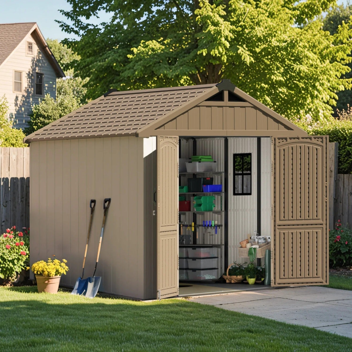 Patiowell 8x8 khaki shed doors open