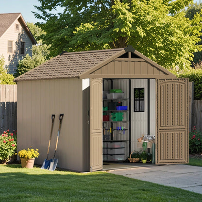 Patiowell 8x8 khaki shed doors open
