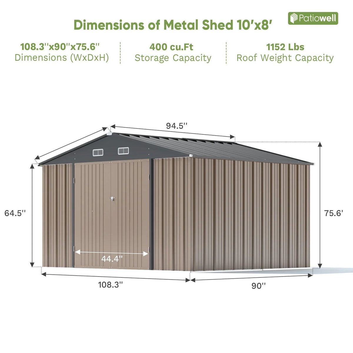 Patiowell 10x8 metal shed dimensions