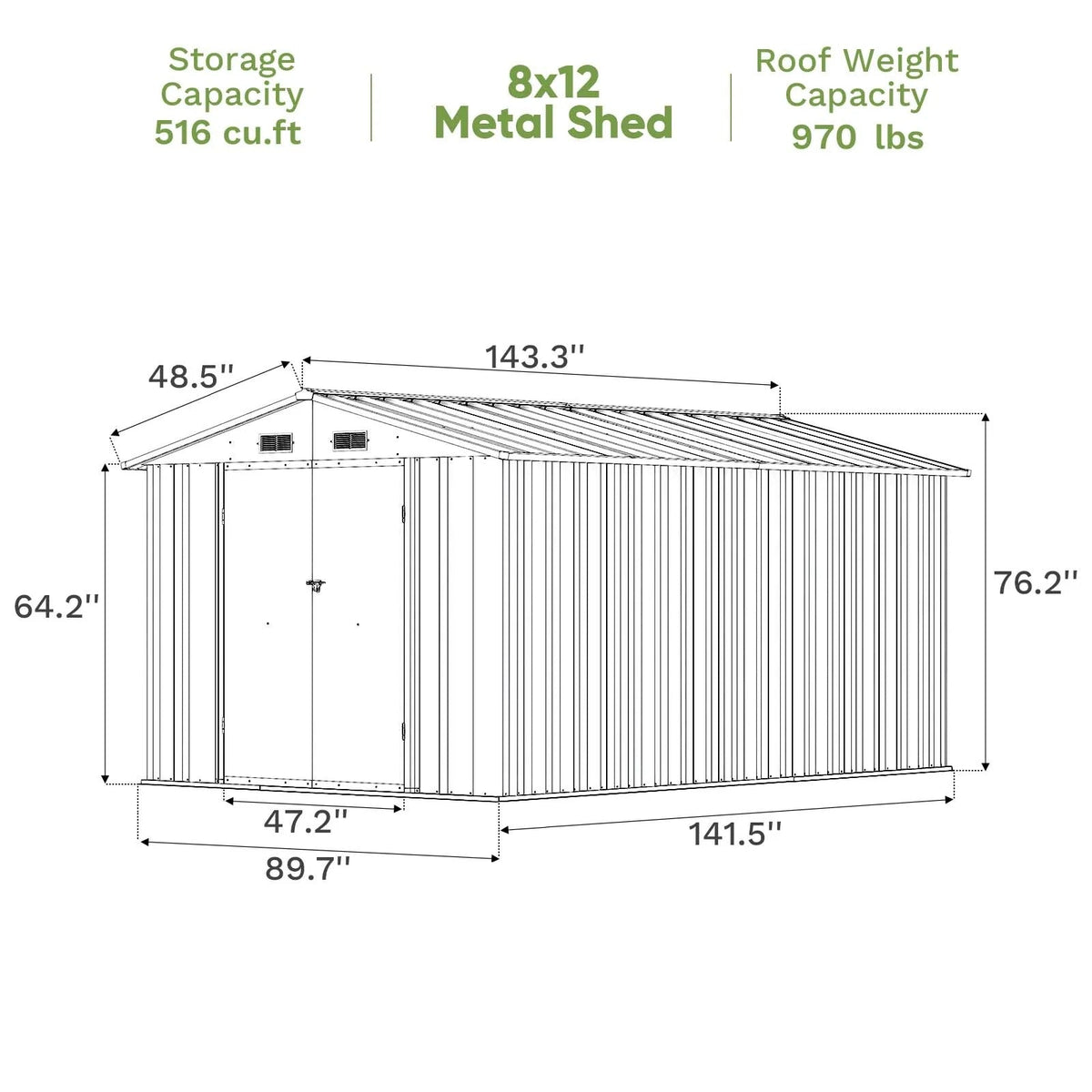 Patiowell 8x12 metal shed dimensions